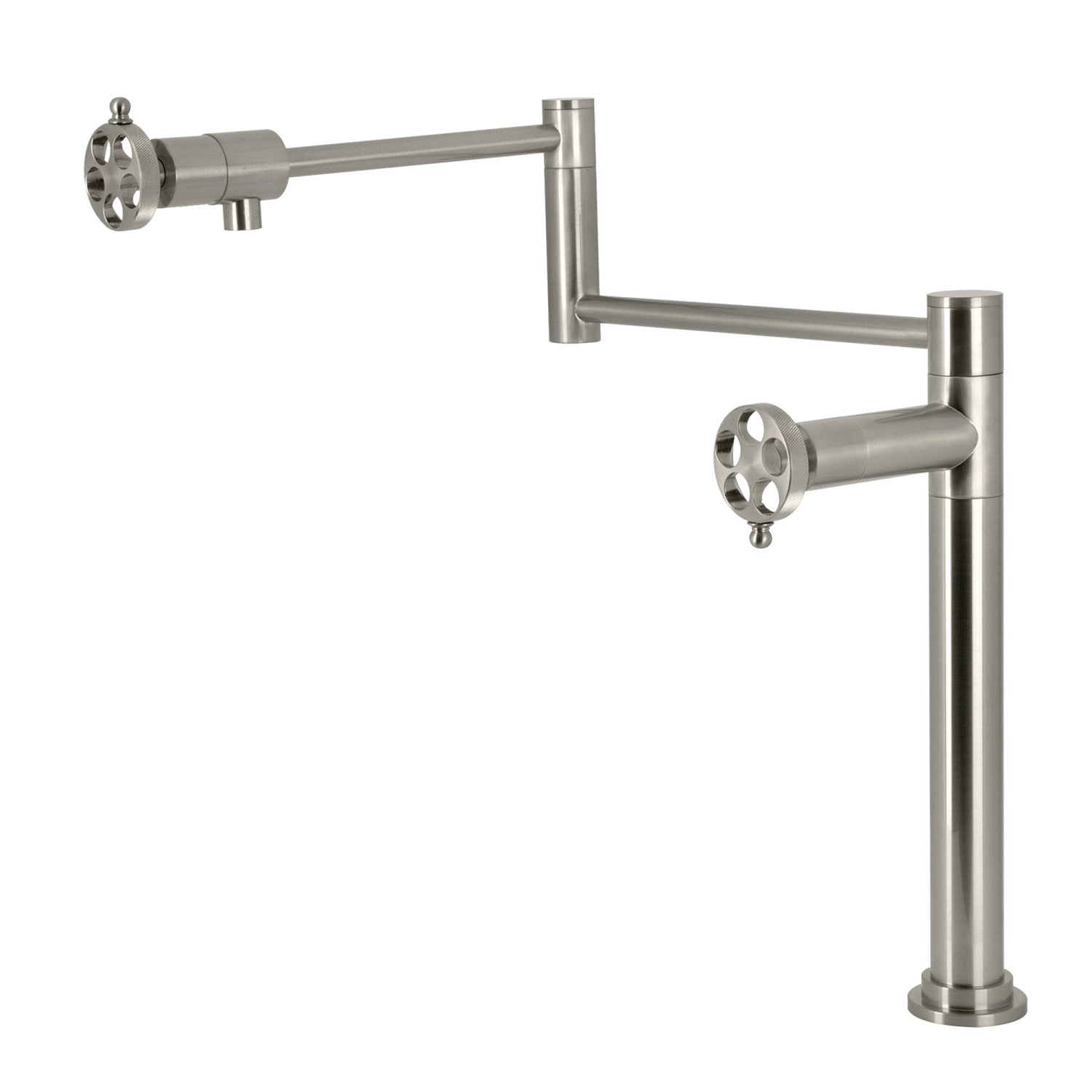 Kingston Sona KS4708RKZ - Wendell Two-Handle 1-Hole Deck Mount Pot Filler Faucet with Knurled Handle, Brushed Nickel — image 1